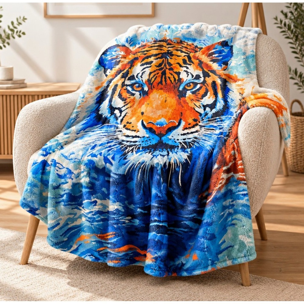 Tiger Face Fleece Throw Blanket Blue Orange White 57"x48"